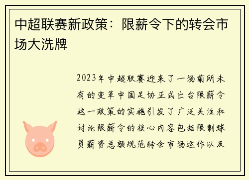 中超联赛新政策:限薪令下的转会市场大洗牌 中超联赛新政策:限薪令下的转会市场大洗牌