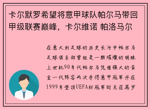 卡尔默罗希望将意甲球队帕尔马带回甲级联赛巅峰,卡尔维诺 帕洛马尔