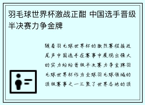 羽毛球世界杯激战正酣 中国选手晋级半决赛力争金牌 羽毛球世界杯激战正酣 中国选手晋级半决赛力争金牌